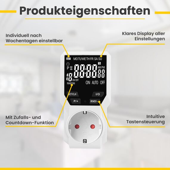 Offgridtec Digitaler Timer-Steckdosenadapter mit LCD-Display, Schuko-Stecker-Timer mit 18 konfigurierbaren Programmen, Zufalls- & Countdown-Modus, manueller/automatischer Steuerung, 230V 16A 3680W