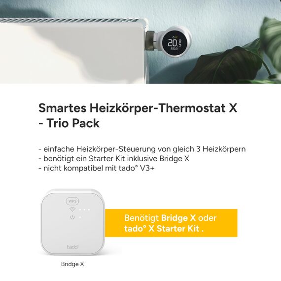 tado Smartes Heizkörperthermostat X – Trio Pack, Heizungssteuerung per App und Smart Speaker (Alexa, Siri, Google Assistant), Energie sparen, DIY Installation