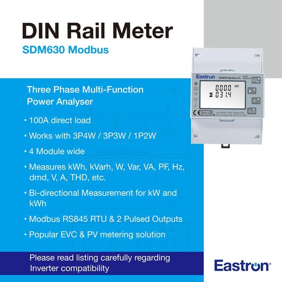 EASTRON SDM630 MODBUS-MID V2 Stromverbrauchsmesser - 1/3 Phasen Stromzähler Hutschiene - Strommessgerät - Drehstromzähler - Modbus RS485 RTU, 100A kWh, Impulszähler & beleuchtetes LCD-Display