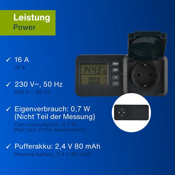 REV Stromzähler - messen Sie Ihren Stromverbrauch, Energiekostenmessgerät, geeignet für Balkonkraftwerke, IP44, anthrazit-grün