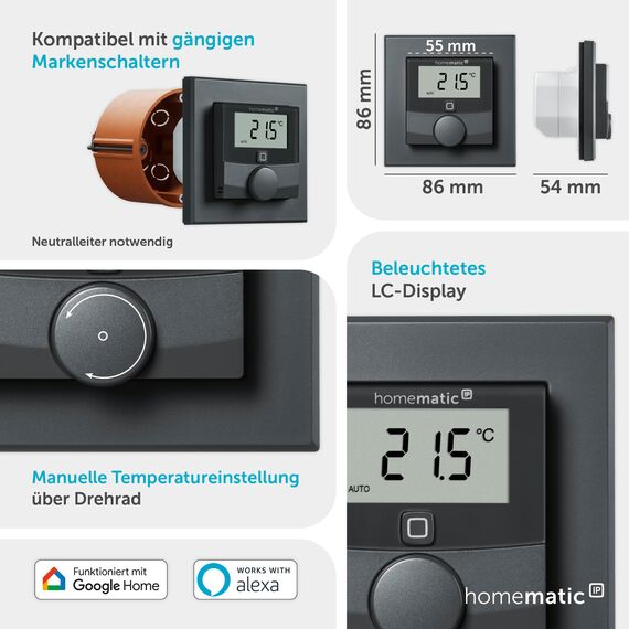 Homematic IP Wandthermostat mit Schaltausgang – für Markenschalter, anthrazit, Smart Home, digitales Thermostat Fußbodenheizung mit/ohne App, Alexa, Google Home, Energie sparen, 159928A0