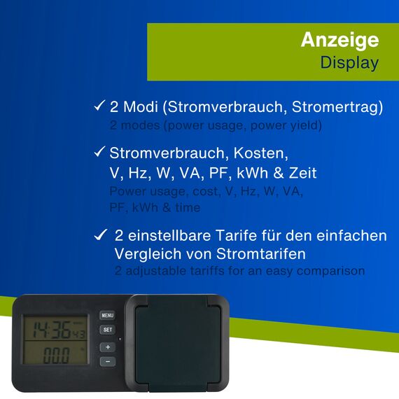 REV Stromzähler - messen Sie Ihren Stromverbrauch, Energiekostenmessgerät, geeignet für Balkonkraftwerke, IP44, anthrazit-grün