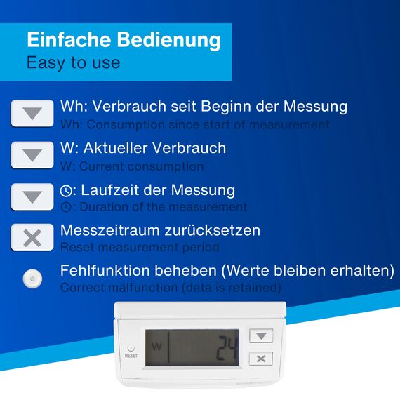 REV Stromzähler – messen Sie Ihren Stromverbrauch, Stromzähler für Steckdose, Stromzählgerät, weiß