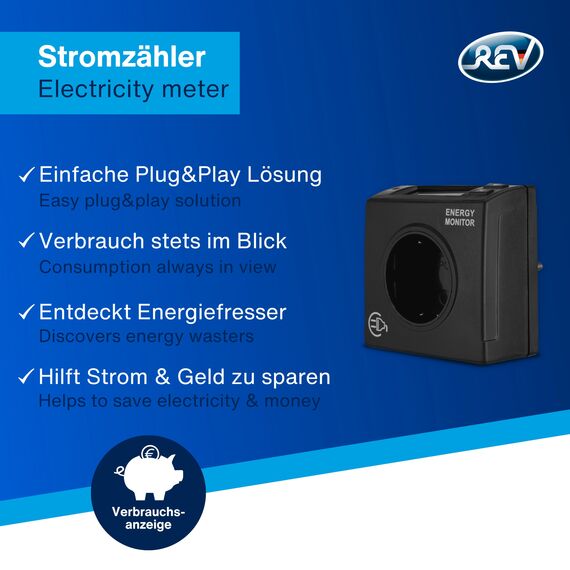 REV Stromzähler EX – messen Sie Ihren Stromverbrauch, Stromzähler für Steckdose, Stromzählgerät, schwarz