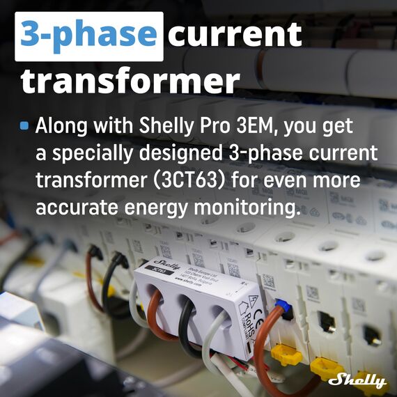 Shelly Pro 3EM - 3CT63, WLAN und LAN 3-Phasen-Energiezähler & Stromwandler, 63А, Echtzeit-Energieüberwachung, kein Hub Erforderlich, Solar-/Grid-Metering, kein Integriertes Relais, PV-kompatibel