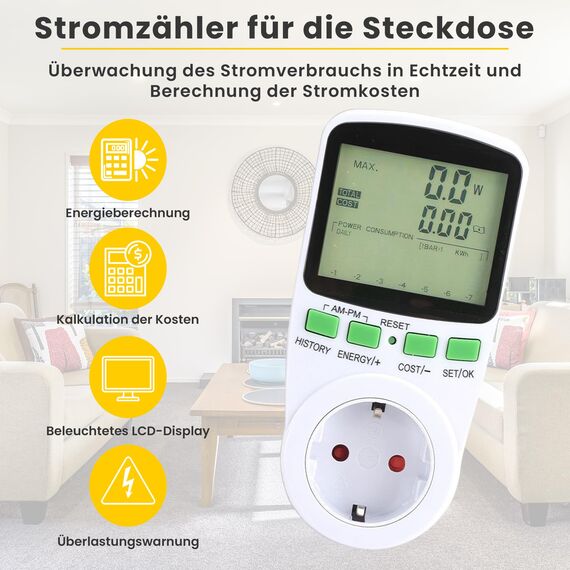 Offgridtec Stromzähler für Steckdose, PV-Zähler für Balkonkraftwerk, Echtzeit Stromverbrauchmessung, Einspeisungsmessung, Energie-Monitor, Max Last: 16A 3680W, LCD-Display, Präzise Leistungsmessung