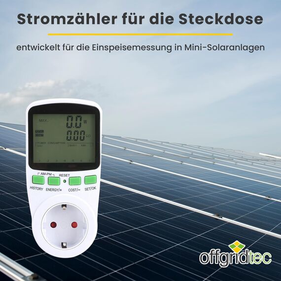 Offgridtec Stromzähler für Steckdose, PV-Zähler für Balkonkraftwerk, Echtzeit Stromverbrauchmessung, Einspeisungsmessung, Energie-Monitor, Max Last: 16A 3680W, LCD-Display, Präzise Leistungsmessung