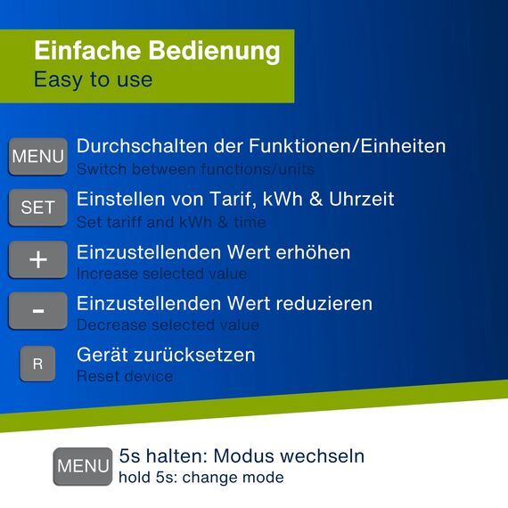 REV Stromzähler - messen Sie Ihren Stromverbrauch, Energiekostenmessgerät, geeignet für Balkonkraftwerke, IP44, anthrazit-grün