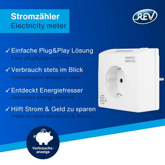 REV Stromzähler – messen Sie Ihren Stromverbrauch, Stromzähler für Steckdose, Stromzählgerät, weiß