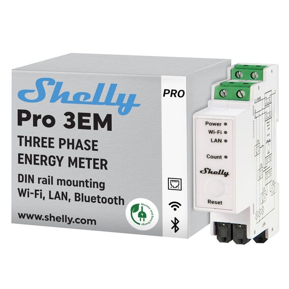 Shelly Pro 3EM (400A) | WLAN & LAN DIN-Schiene 3-Phasen Energiezähler | Echtzeit-Überwachung | kein Relais-Schalter | Kein Hub Erforderlich | Solarpanels | PV-Systeme | Wirkenergie der Klasse B