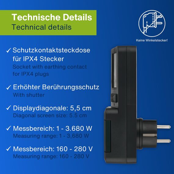 REV Stromzähler - messen Sie Ihren Stromverbrauch, Energiekostenmessgerät, geeignet für Balkonkraftwerke, IP44, anthrazit-grün