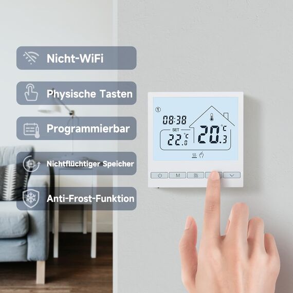 Beok Heizungsthermostat Programmierbar Raumthermostat Digital Wandthermostat für elektrische Fußbodenheizung 16A TOL47EP