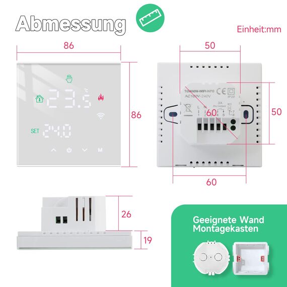 Beok Thermostat Heizung Smart, Programmierbar Thermostat Fussbodenheizung für Kesselheizung, WiFi Raumthermostat mit Digital LCD-Display Kompatibel mit Alexa, Google Home 3A TGW60W-WIFI-WPB Weiß