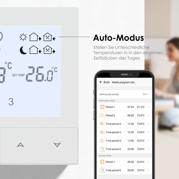 Beok Thermostat WiFi, Tuya Fussbodenheizung Thermostat Digital für Elektrische Fußbodenheizung Raumthermostat Intelligenter Heizungsthermostat Kompatibel Alexa, Google Home, 16A TDS72WIFI-EP Weiß