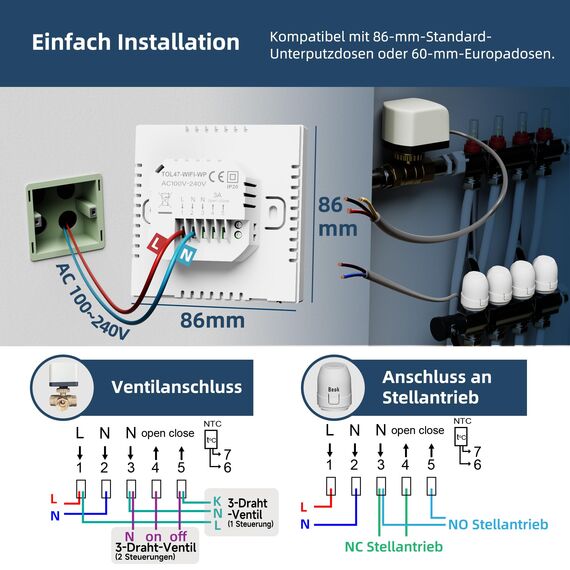 BEOK CONTROLS Thermostat Fussbodenheizung, Raumthermostat Fußbodenheizung WLAN für Wasser Heizung, Intelligent Kompatibel mit Alexa, Tuya Smart Life APP 3A TOL47WIFI