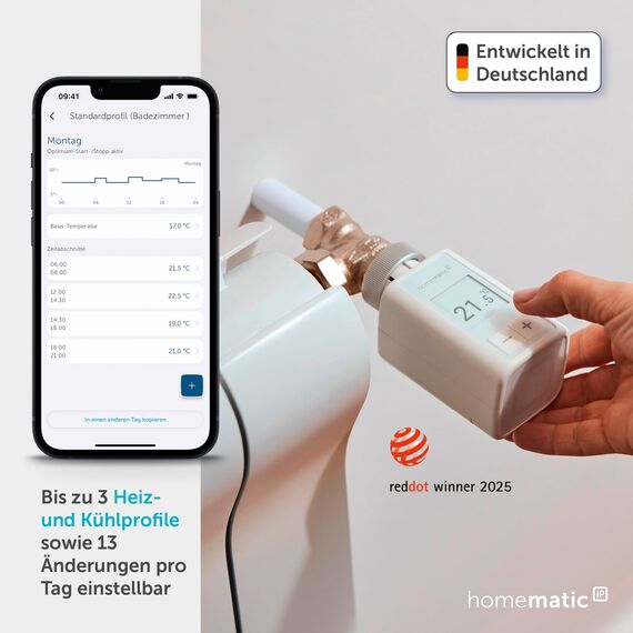 Homematic IP Heizkörperthermostat – Flex, Smart Home, digitaler Thermostat Heizung, Steuerung mit oder ohne App, Alexa, Google Home, einfache Installation, Energie sparen, 160230A0