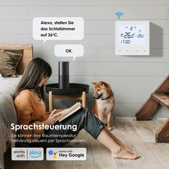 Beok Thermostat WiFi, Tuya Fussbodenheizung Thermostat Digital für Elektrische Fußbodenheizung Raumthermostat Intelligenter Heizungsthermostat Kompatibel Alexa, Google Home, 16A TDS72WIFI-EP Weiß