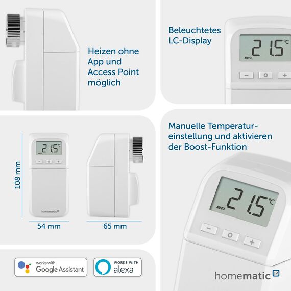 Homematic IP Heizkörperthermostat – kompakt Plus, Smart Home, digitaler Thermostat Heizung, Heizungsthermostat, Heizkosten sparen, einfache Installation, Energie sparen, 157681A0 Weiß (Packung mit 2)
