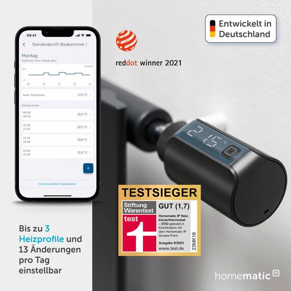 Homematic IP Heizkörperthermostat – Evo, anthrazit, Smart Home, digitaler Thermostat Heizung, Steuerung per App, Alexa, Google Home, einfache Installation, Energie sparen, 158419A0