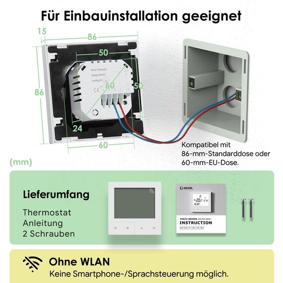 Beok Thermostat Fussbodenheizung Wasser, Thermostate Heizung Digital Raumthermostat Fußbodenheizung 230v Wandthermostat Heizungsthermostat Temperaturregler TDS72-WP Weiß Non-WiFi
