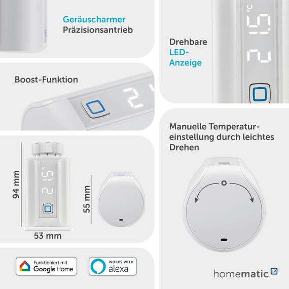 Homematic IP Heizkörperthermostat – Evo, Smart Home, digitaler Thermostat Heizung, Heizungsthermostat, Steuerung per App, Alexa & Google Home, einfache Installation, Energie sparen, 155105A0