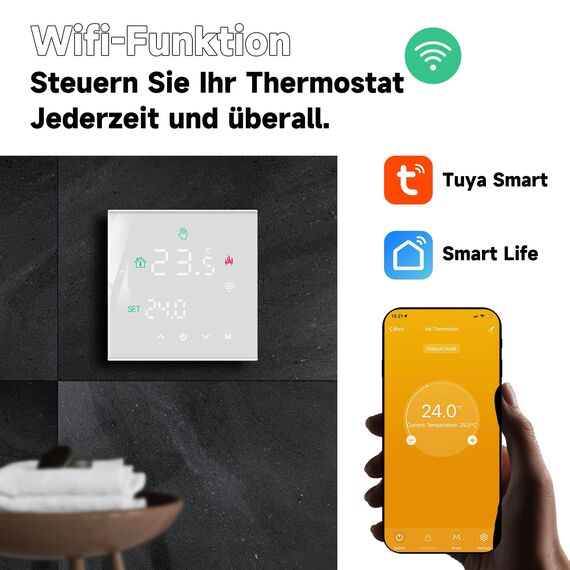 Beok Thermostat Fussbodenheizung Smart, WiFi Raumthermostat Für Wasser Fußbodenheizung Thermostate Heizung Digital LCD Programmierbarer Kompatibel mit Alexa, Google Home 3A 230V TGW60W-WIFI-WP Weiß