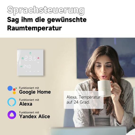 Beok Thermostat Fussbodenheizung Smart, WiFi Raumthermostat Für Wasser Fußbodenheizung Thermostate Heizung Digital LCD Programmierbarer Kompatibel mit Alexa, Google Home 3A 230V TGW60W-WIFI-WP Weiß