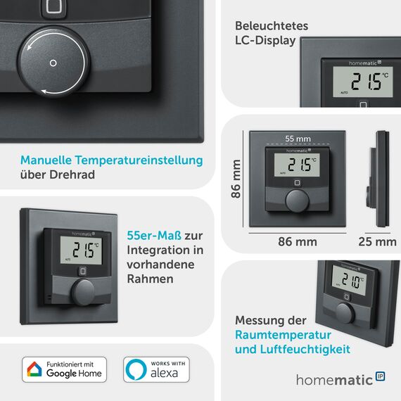 Homematic IP Smart Home Wandthermostat mit Luftfeuchtigkeitssensor, anthrazit, digitales Thermostat + Homematic IP Tischaufsteller - anthrazit, für batterieversorgte Gertäte im 55er-Format