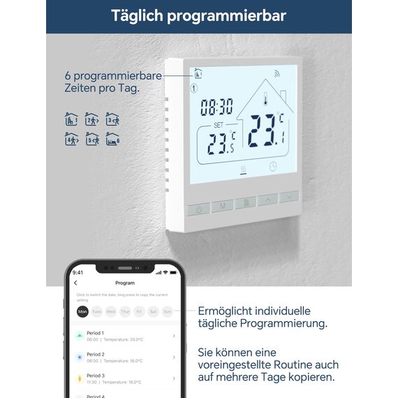 Beok Thermostat WiFi Für Elektrische Fußbodenheizung Raumthermostat Fussbodenheizung Smart Heizungsthermostat Digital Kompatibel Alexa Echo, Google Assistant Tuya WLAN App 16A TOL47WIFI