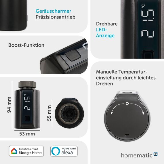 Homematic IP Heizkörperthermostat – Evo, anthrazit, Smart Home, digitaler Thermostat Heizung, Steuerung per App, Alexa, Google Home, einfache Installation, Energie sparen, 158419A0
