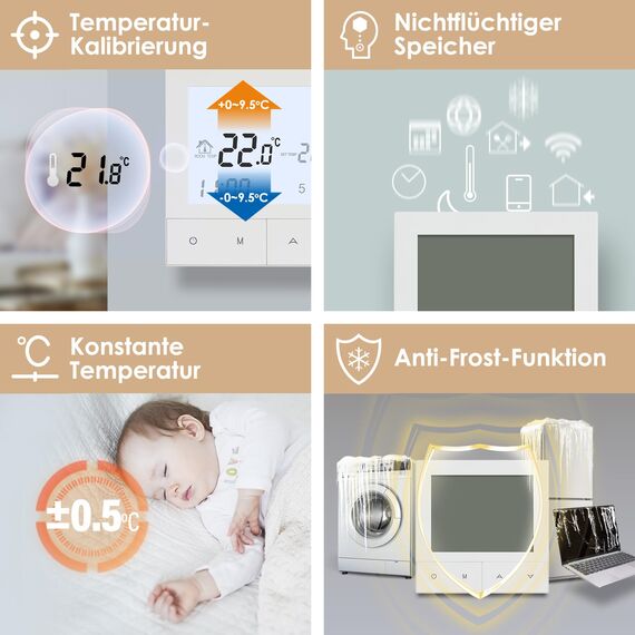 Beok Thermostat Fussbodenheizung Wasser, Thermostate Heizung Digital Raumthermostat Fußbodenheizung 230v Wandthermostat Heizungsthermostat Temperaturregler TDS72-WP Weiß Non-WiFi