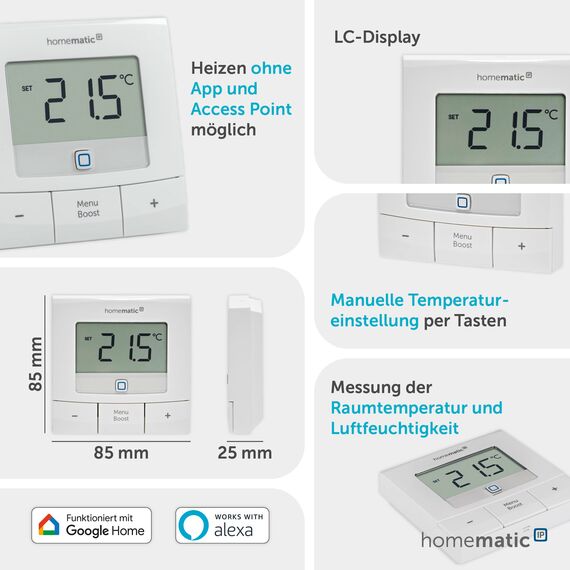 Homematic IP Wandthermostat – Basic, Smart Home, digitales Thermostat für Heizkörper mit/ohne App, Alexa, Google Home, Temperaturmessung, Energie sparen, 154666A0