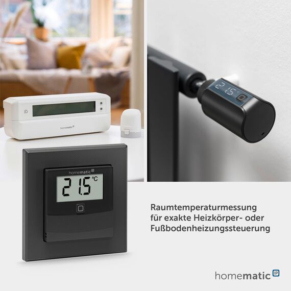 Homematic IP Temperatur- und Luftfeuchtigkeitssensor mit Display – innen, Smart Home, anthrazit, steuert Heizkörper/Fußbodenheizung per App, Alexa, Temperaturmessung, Energie sparen, 160551A0