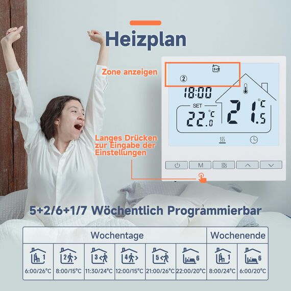 Beok Heizungsthermostat Programmierbar Raumthermostat Digital Wandthermostat für elektrische Fußbodenheizung 16A TOL47EP