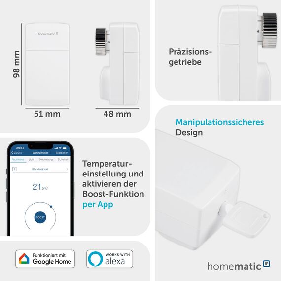 Homematic IP Heizkörperthermostat – kompakt, Smart Home, digitaler Thermostat Heizung, Heizungsthermostat, Steuerung per App, Alexa & Google Home, einfache Installation, Energie sparen, 155648A0