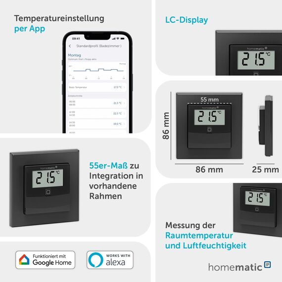 Homematic IP Temperatur- und Luftfeuchtigkeitssensor mit Display – innen, Smart Home, anthrazit, steuert Heizkörper/Fußbodenheizung per App, Alexa, Temperaturmessung, Energie sparen, 160551A0