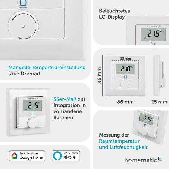 Homematic IP Wandthermostat mit Luftfeuchtigkeitssensor, Smart Home, digitales Thermostat Heizkörper/Fußbodenheizung mit/ohne App, Alexa, Google Home, Temperaturmessung, Energie sparen, 143159A0