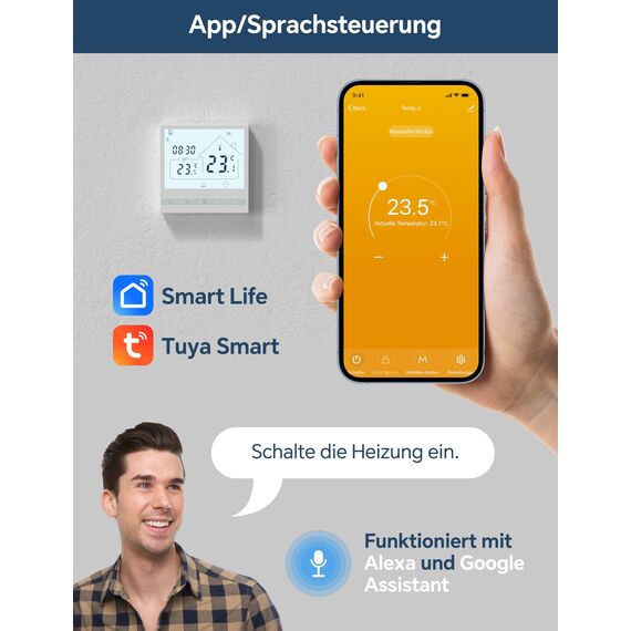 Beok Thermostat WiFi Für Elektrische Fußbodenheizung Raumthermostat Fussbodenheizung Smart Heizungsthermostat Digital Kompatibel Alexa Echo, Google Assistant Tuya WLAN App 16A TOL47WIFI