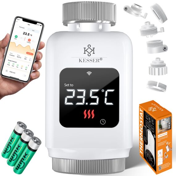 KESSER® Heizkörperthermostat WiFi Heizungsregler | Heizungsthermostat WLAN mit Smart Home App Steuerung | Thermostat Alexa, Google Assistant mit 6 Heizkörperventilen | Energie & Kosten sparen