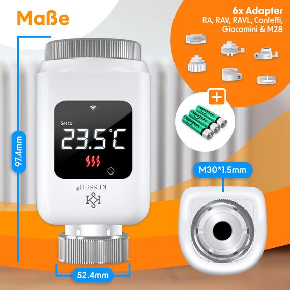 KESSER® Heizkörperthermostat 2er Set WiFi Heizungsregler | Heizungsthermostat WLAN mit Smart Home App Steuerung | Thermostat Alexa, Google Assistant mit 6 Heizkörperventilen | Energie & Kosten sparen