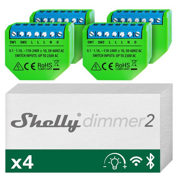 Shelly Dimmer 2, Intelligenter Wlan Dimmer, Kein Neutralleiter nötig, Hausautomatisierung, Kompatibel mit Alexa & Google Home, iOS Android App, Kein Hub erforderlich, Dimmbare Lichter (4 Stück)