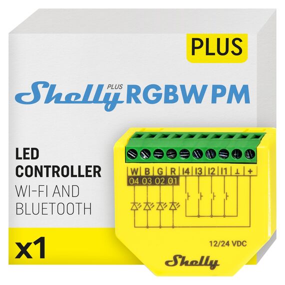 Shelly Plus RGBW PM - WLAN Controller für LED-Streifen, 12-24 VDC, 3 Beleuchtungsprofile, Leistungsmessung, Dimmer für Weißes oder Farbiges Licht, kein Hub Erforderlich, Alexa & Google Home