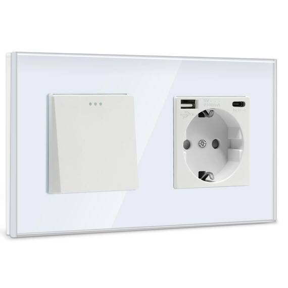 BSEED Wandschalter + 16 A Schuko-Stecker mit 1 Port Typ C und 1 USB-Anschluss, Drucktasten-Lichtschalter