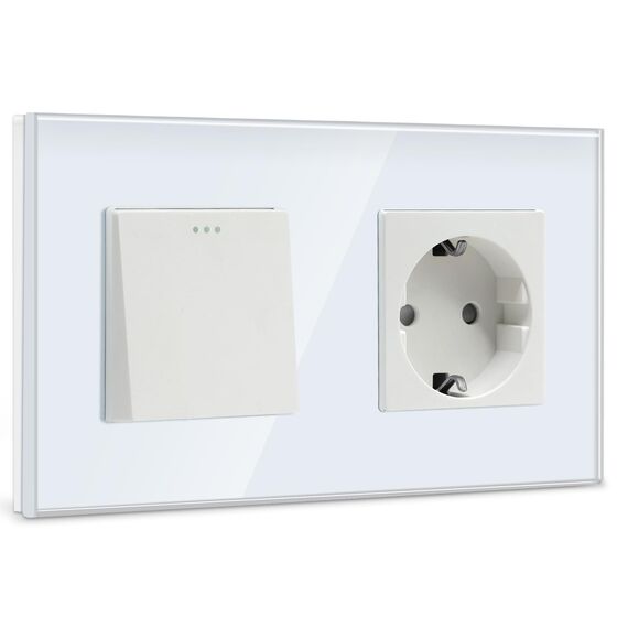 BSEED Lichtschalter mit Steckdose 1 Fach 1 Fach 1 Weg Glas Platte 10A Schuko Schalter 16A Weiß,157mm