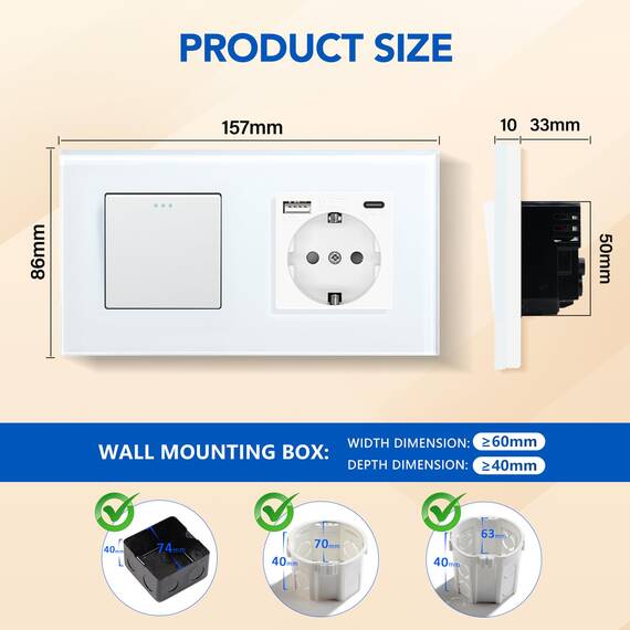 BSEED Wandschalter + 16 A Schuko-Stecker mit 1 Port Typ C und 1 USB-Anschluss, Drucktasten-Lichtschalter