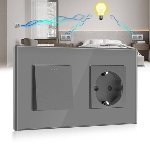 BSEED Lichtschalter mit Steckdose 1 Fach 3 Wege, Glas Platte Wandschalter mit 16A Schuko Steckdose, Lichtschalter Unterputz Wechselschalter mit Steckdose Grau - 157mm