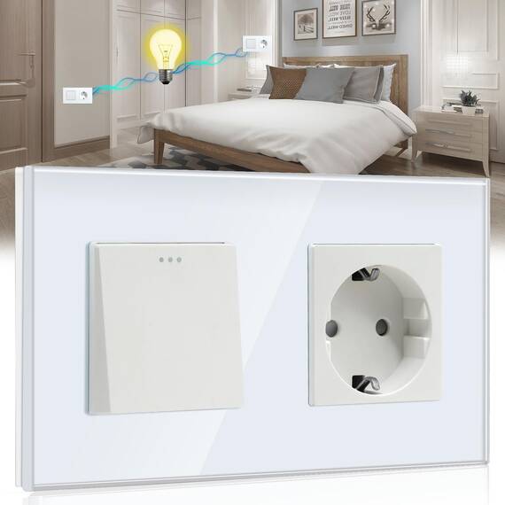 BSEED Wandschalter mit Steckdose 1 Fach 2 Wege,10A Kristall Glas Platte Wandschalter mit 16A Schuko Steckdose Weiß, Physische Unterputz Schalter mit Steckdose- 157mm