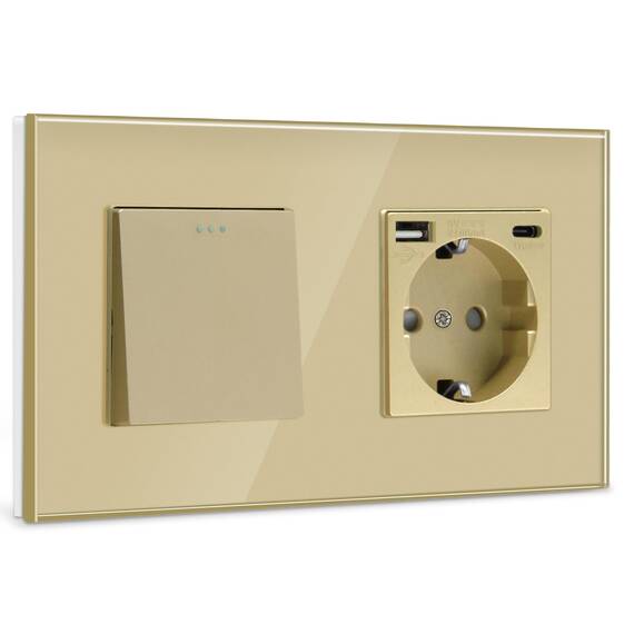 BSEED Wandschalter mit Goldstecker, 1 Gang, 1-Wege-Wandschalter + 16 A Schuko-Steckdose mit 1 Port Typ C und 1 USB-Anschlüssen, 16 A Drucktasten-Lichtschalter