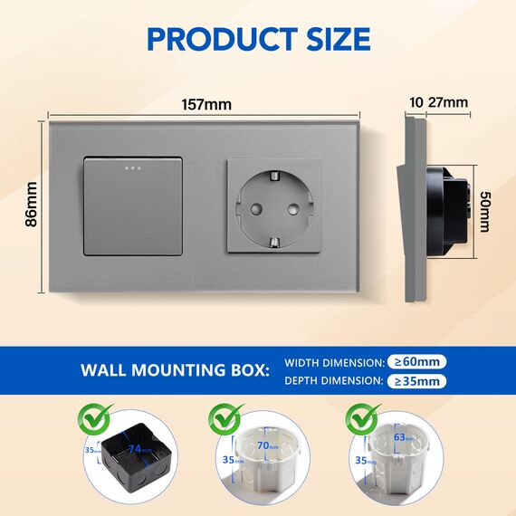 BSEED Lichtschalter Mit Steckdose 1 Fach 2 Wege - 10A Kristall Glas Platte Wandschalter Mit 16A Schuko Steckdose Grau - Physische Unterputz Wechselschalter 157mm
