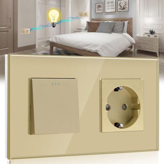BSEED Lichtschalter mit Steckdose 1 Fach 2 Wege,10A Kristall Glas Platte Wandschalter mit 16A Schuko Steckdose Gold,Physische Unterputz Wechselschalter mit Steckdose- 157mm